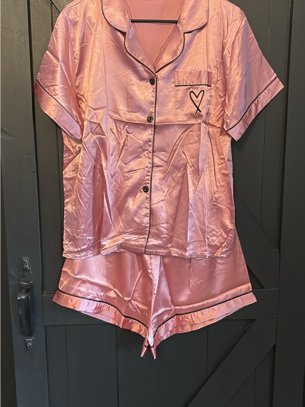 Satin Short Pajama Set with Heart Accent — Pink